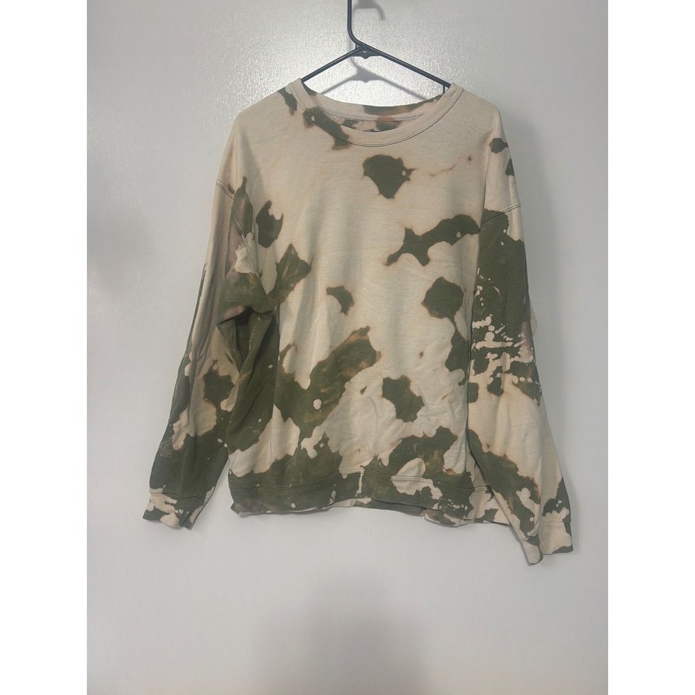 Fruit of the Loom Bleach Dye Sweatshirt XL Olive Green Cream Crewneck Pullover